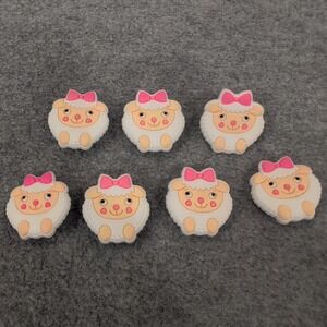 7pc Cute Sheep Lamb Shoe Charms for Clogs White Pink Bow Cartoon Animal Pins‎